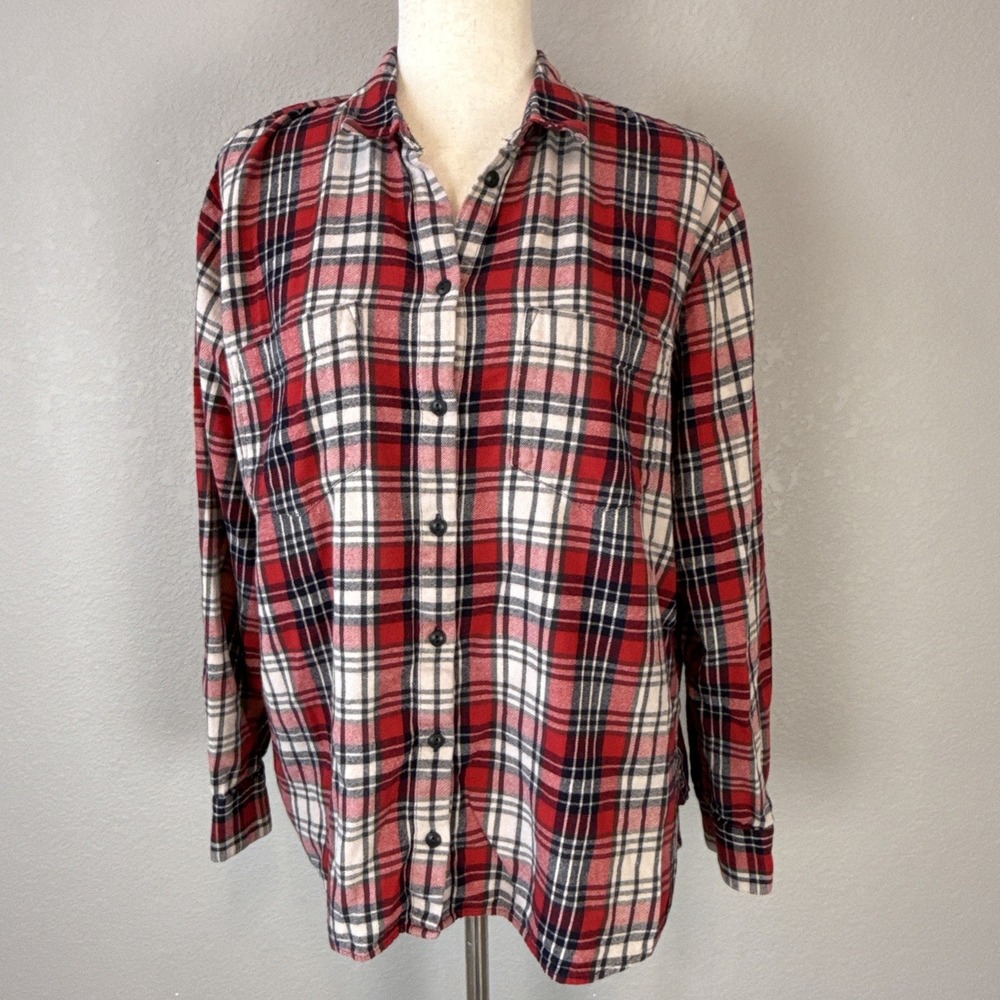 Madewell Oversized Ex-Boyfriend Button Front Flannel Shirt Top Size L Red Plaid - Picture 2 of 7